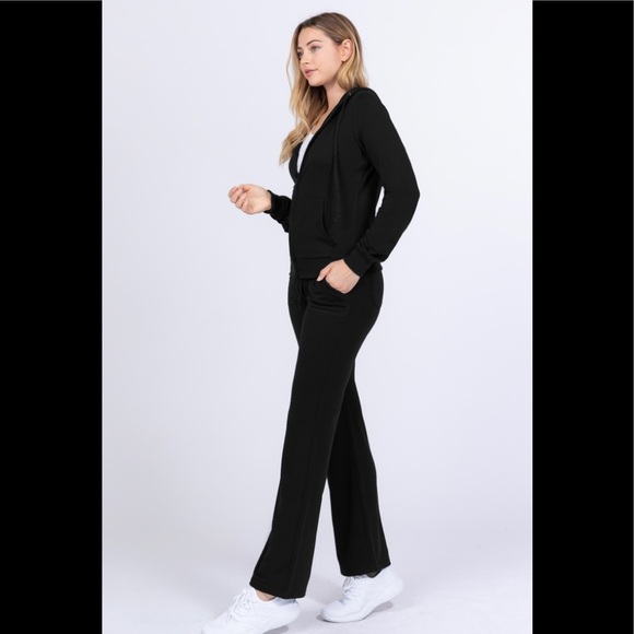 Black French terry long sleeve hoodie zip up jacket and pant set - Picture 2 of 4